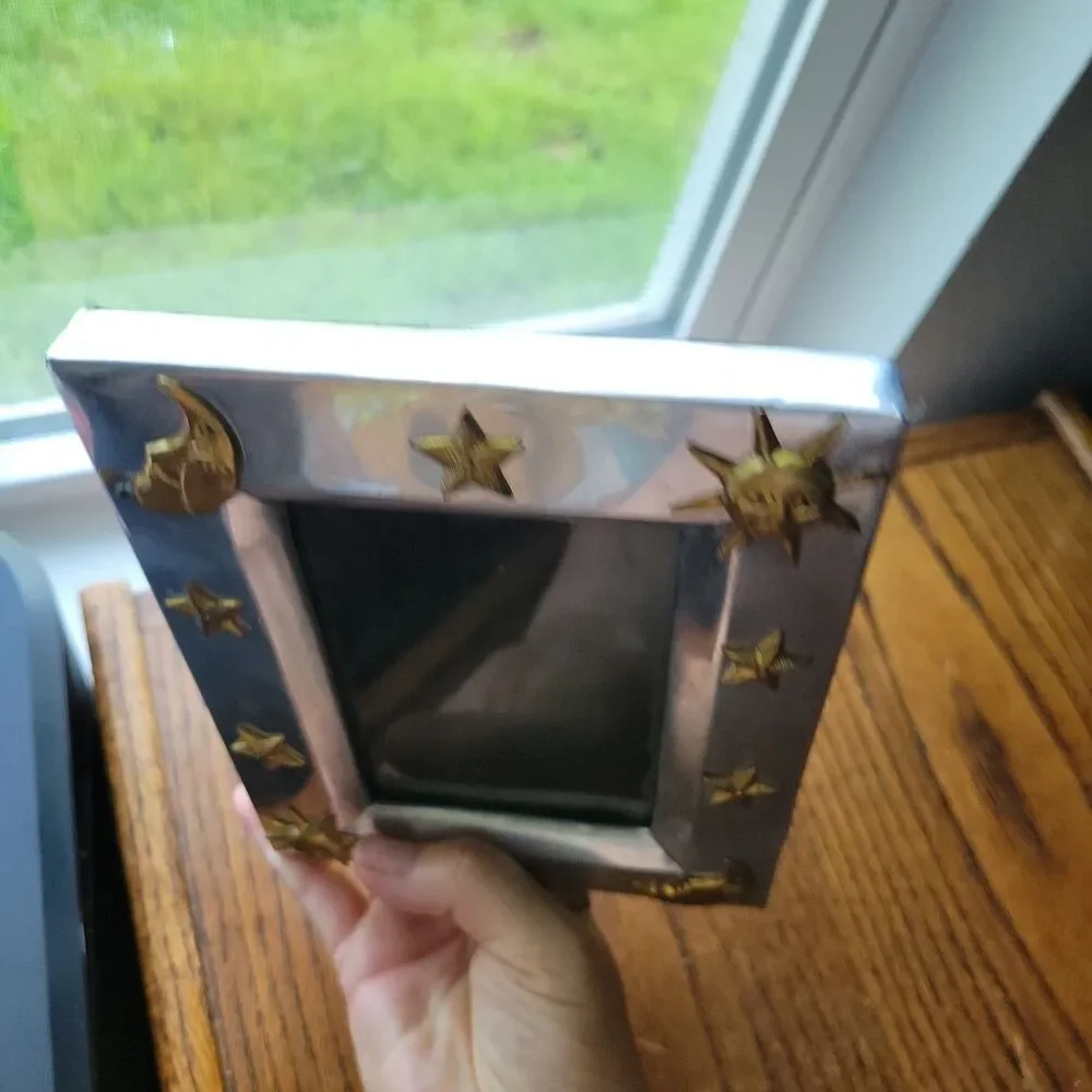 Vtg 90s celestial photo frame 4x6 in pewter and gold RARE READ Y2k Moon Sun Star